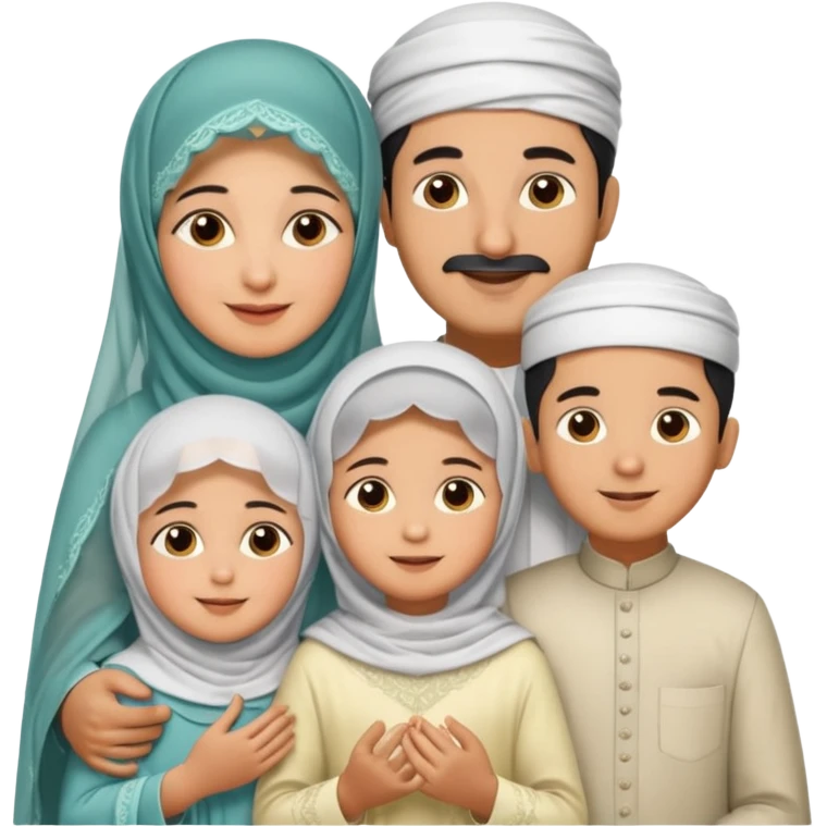 Lebaran. Keluarga terdiri dari Ayah dan ibu, 3 orang anak yang terdiri dari dua anak laki-laki dan seorang anak perempuan yang merupakan anak terkecil. Ibunya menggunakan cadar. emoji