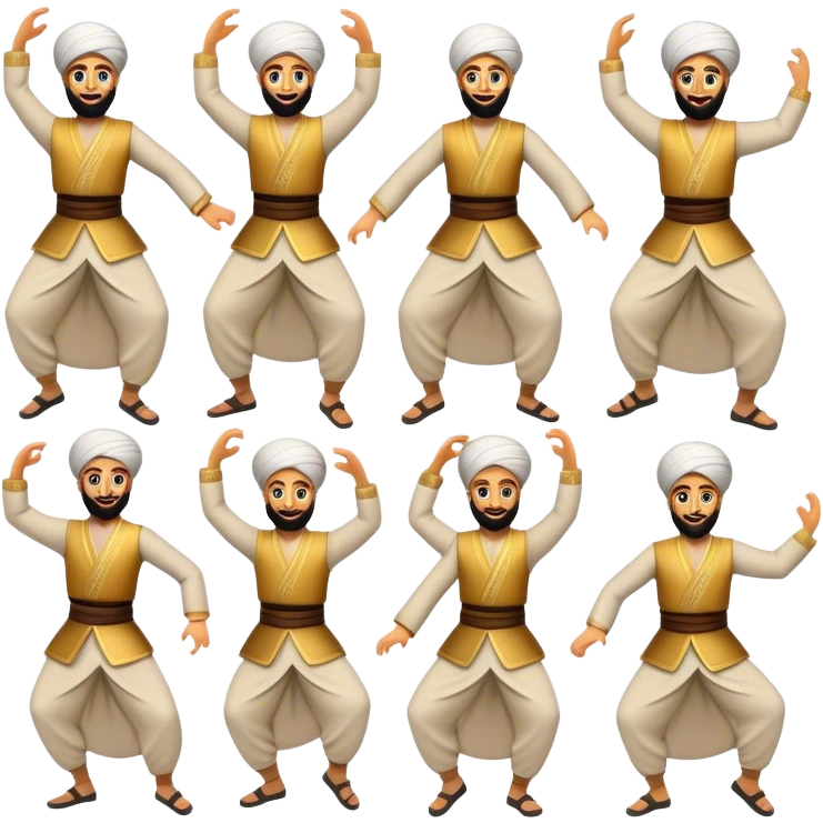 Cinematic Realistic Dabke Dance Emoji, depicted as an energetic traditional Lebanese folk dance with vibrant costumes and rhythmic movements, rendered with dynamic textures and festive natural lighting that captures its communal joy. emoji