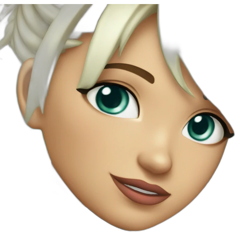 1 girl, leather suit, latex legwear, leather skirt, platinum blonde hair, ponytail, smirk, aqua eyes, leather boots emoji