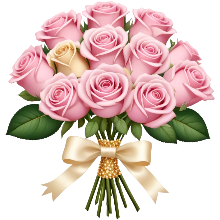 Romantic bouquet of pastel pink roses tied with an ivory satin ribbon, delicate golden sparkles. emoji
