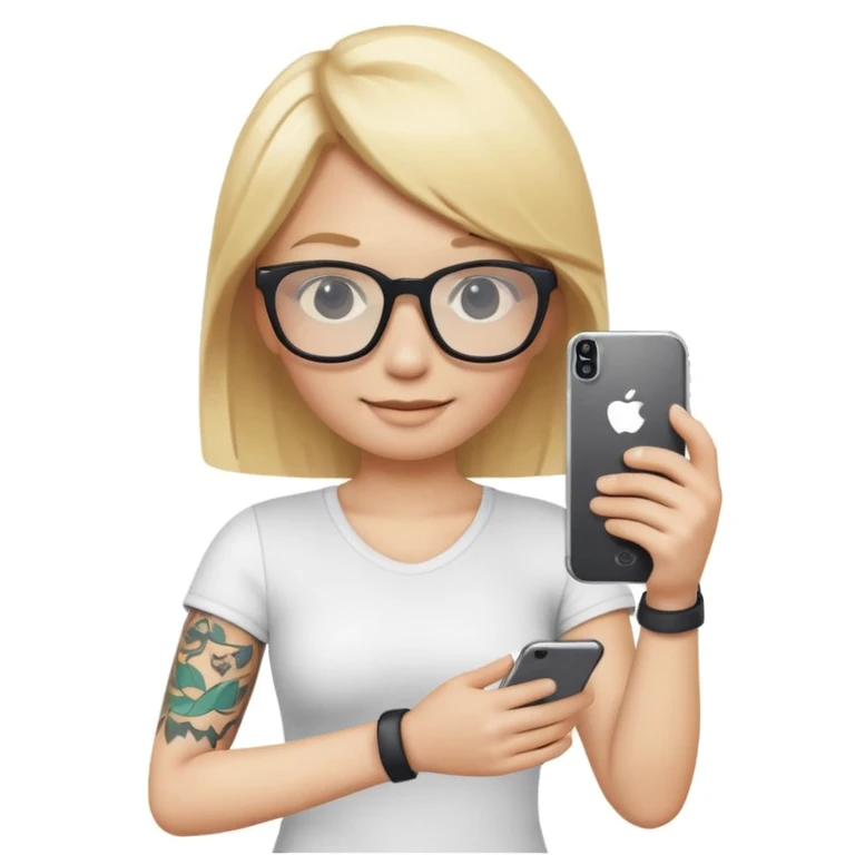 3D emoji character in Apple iPhone style, blond hair, wearing stylish glasses, white tattoo on the arm, holding an iPhone in one hand, cute and friendly expression, smooth and shiny skin, minimalistic design, high quality, vibrant colors, realistic lighting, isolated on white background emoji