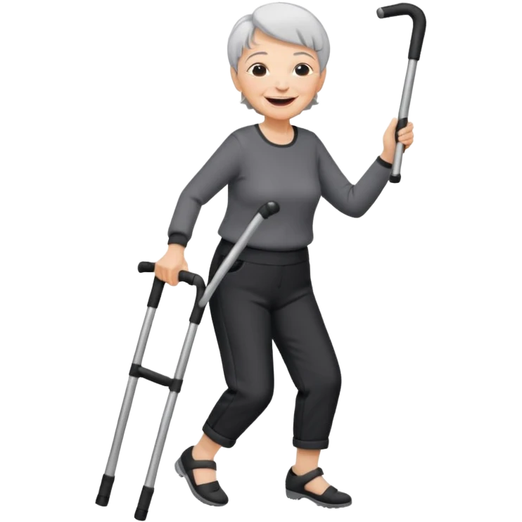 old woman with short hair, dressed with pants, laughing and dancing with crutches emoji