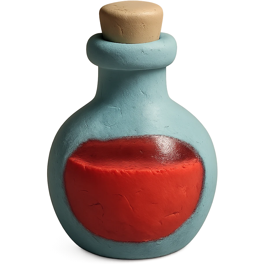 claymation style health potion with pastel colors, visible fingerprints, and red liquid emoji