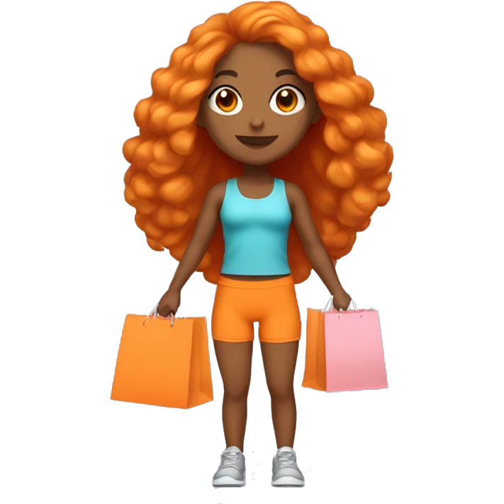 Tan girl with long orange hair wearing cute gym outfit holding shopping bags emoji