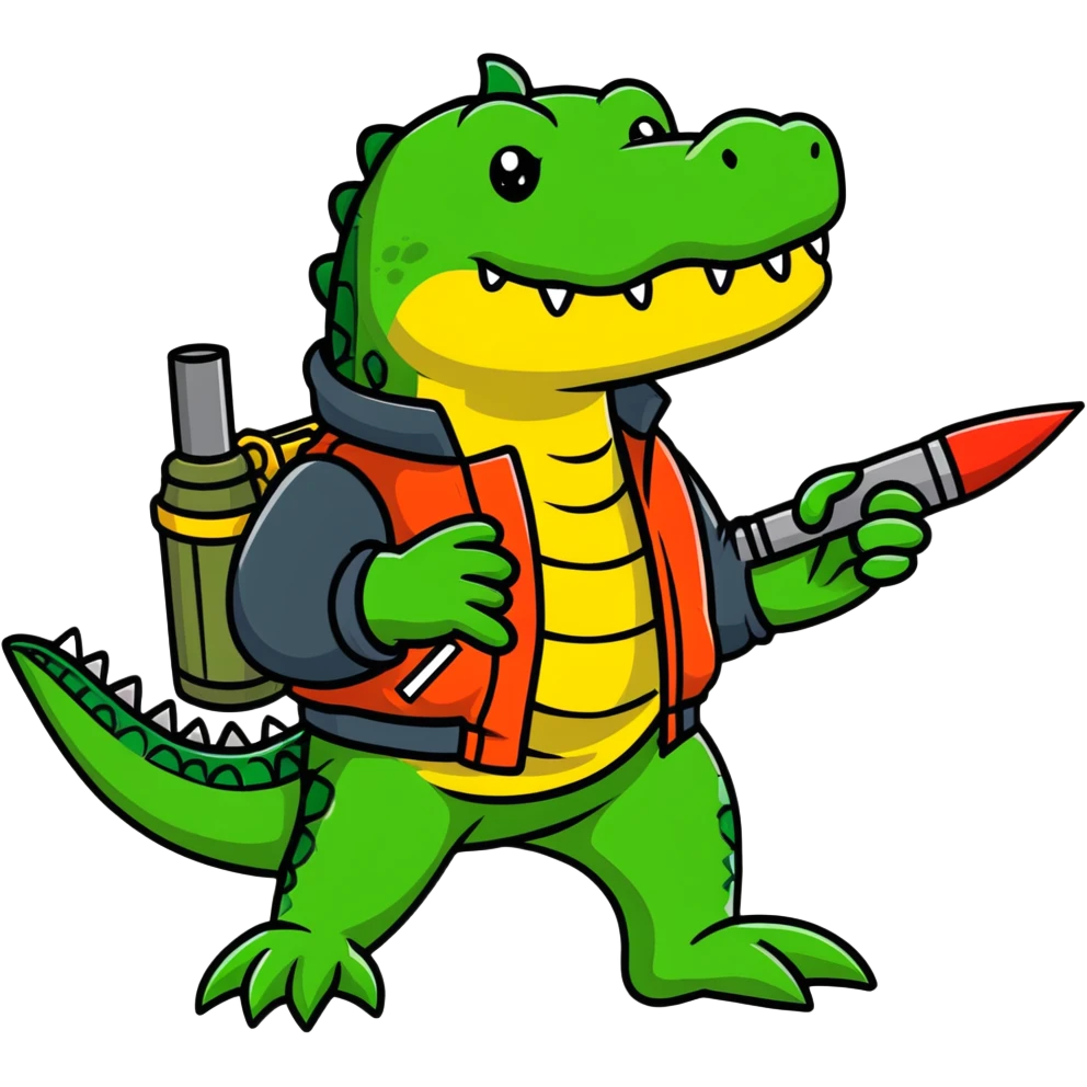 Cartoon crocodile with bomber jacket and artillery emoji