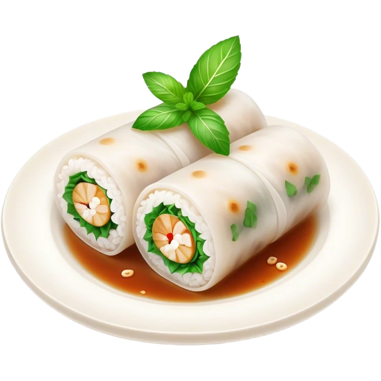 Bánh Cuốn Cinematic Realistic Bánh Cuốn Dish Emoji, depicted as delicate steamed rice rolls garnished with chopped mint on top, rendered with lifelike textures and fresh, vibrant lighting. emoji
