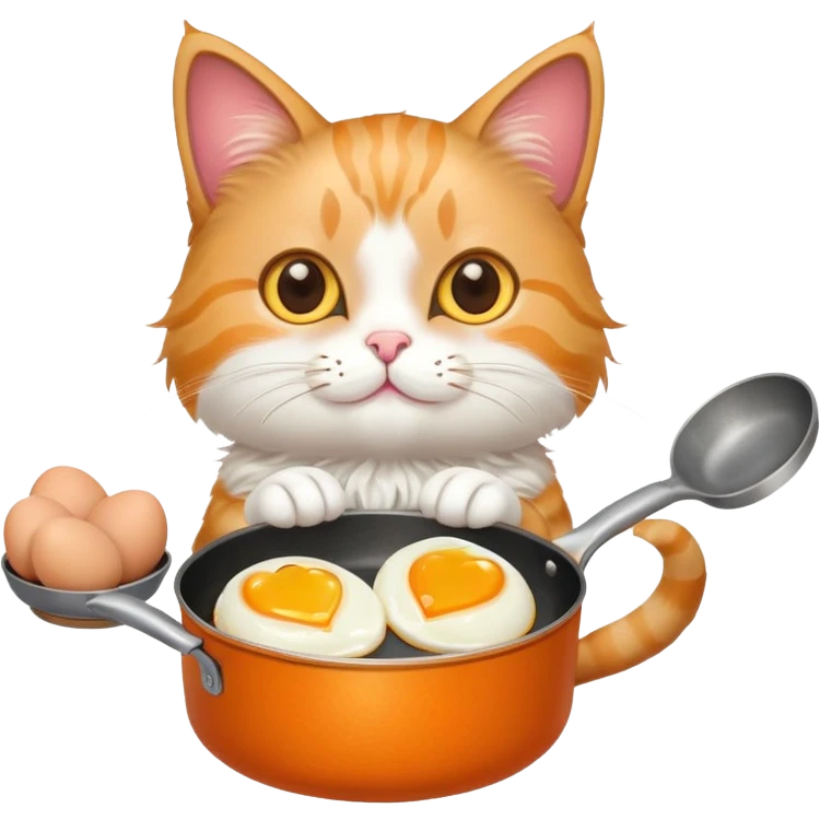 a cat holding a cooking pan with double heart-shaped eggs emoji