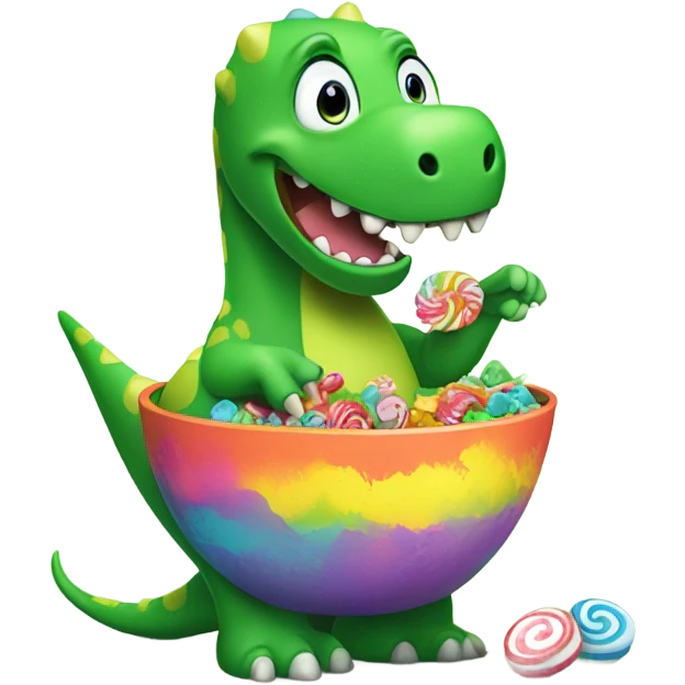 green dinasour eating candy from a bowl emoji