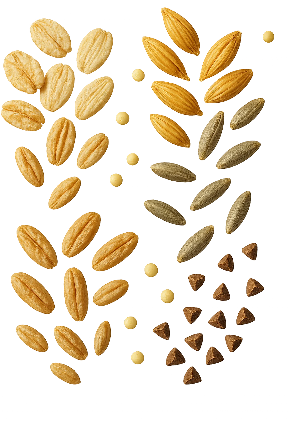 Avena, orzo, farro, segale, quinoa, grano saraceno FLUTTUANO IN ARIA, IPERREALISTICO 4K emoji