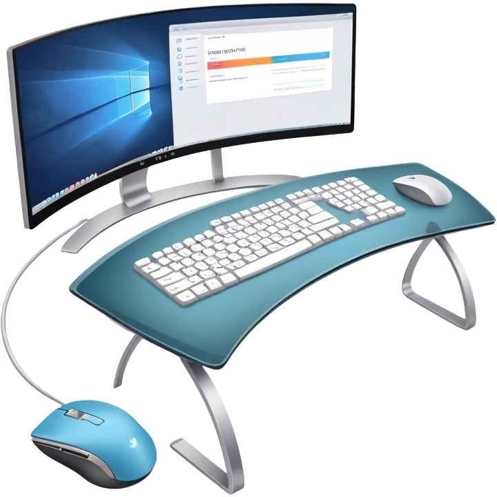 Create an emoji for UX/UI design. Show two large curved monitors displaying UX/UI design interfaces. Include a mouse, keyboard, and stylus next to the screens. Use modern, professional colors. Do not include any emojis or smiley faces. Make the background transparent. emoji