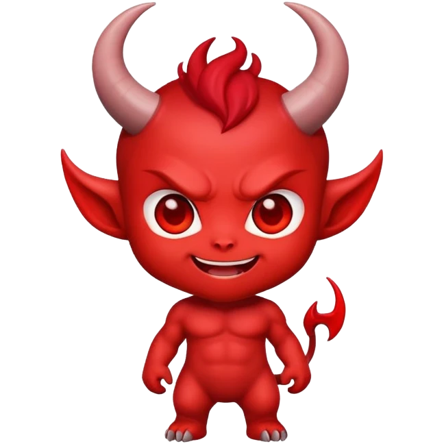 chibi demon with big head, tiny body, cute horns and mischievous smile emoji