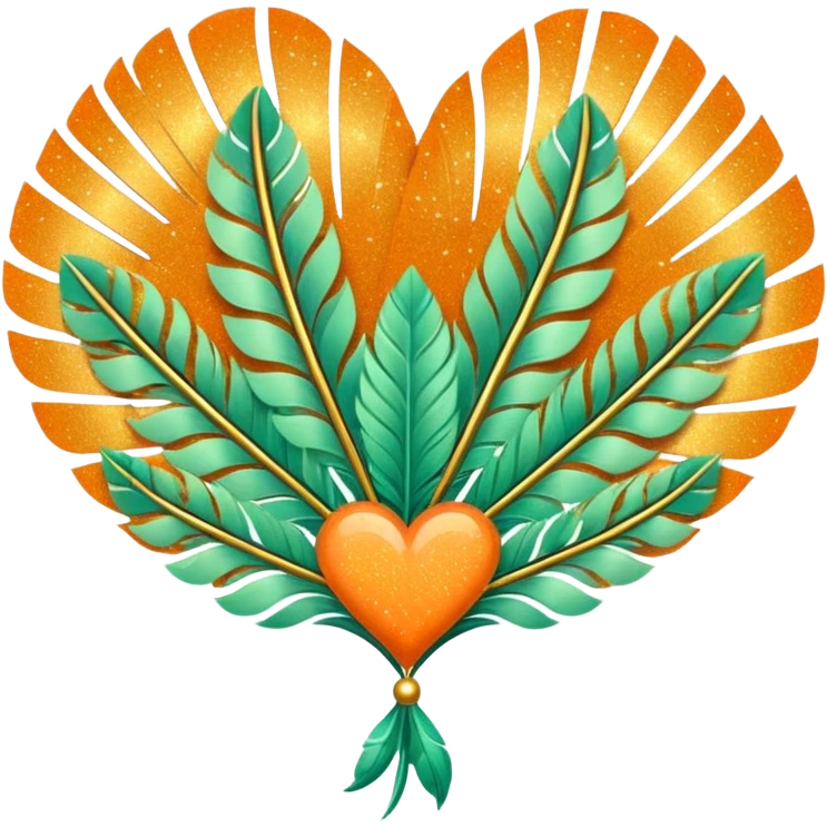 orange glitter heart with art deco pastel green feather fans and decoration in the background emoji