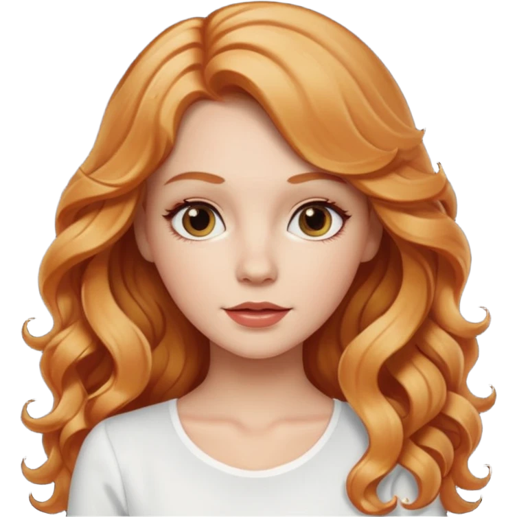 white girl with strawberry blonde long wavy hair, white top  emoji