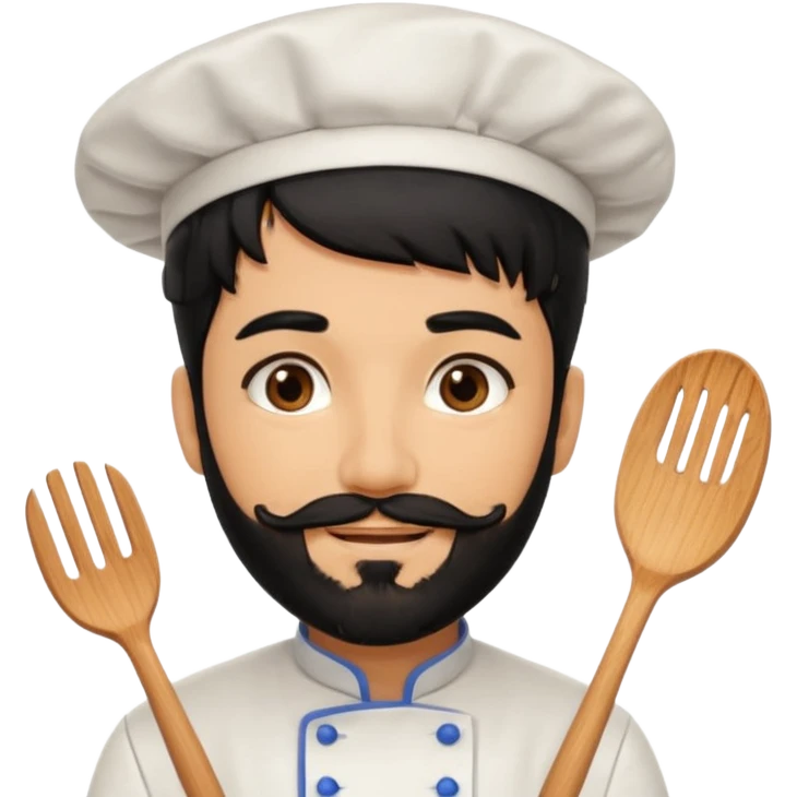 CHEF CON PELO NEGRO Y BARBA NEGRA, OJOS MARRON OSCURO. SONRIE Y TIENE MARCAS DE BESOS emoji