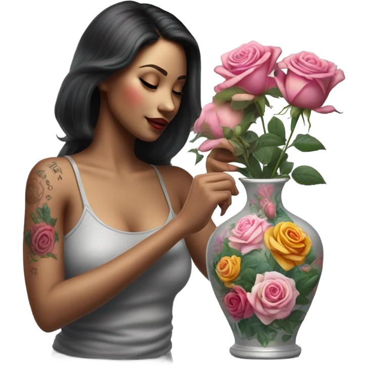 Hyper Realistic beautiful woman model with a small rose tattoo arranging flowers in a vase emoji