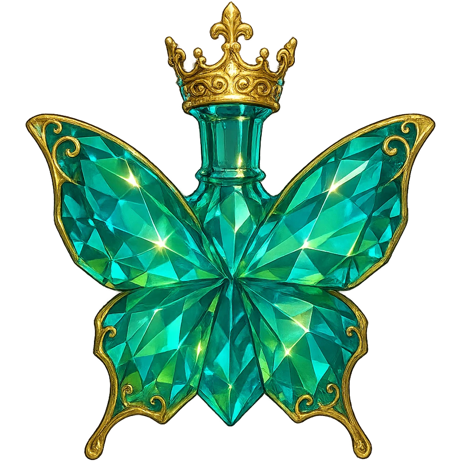 very close to original crystal butterfly-shaped bottle with short neck and princess crown, green and blue colors, many facets, glowing, ornaments, golden details, transparent background, floating in air, no ground or shadow emoji