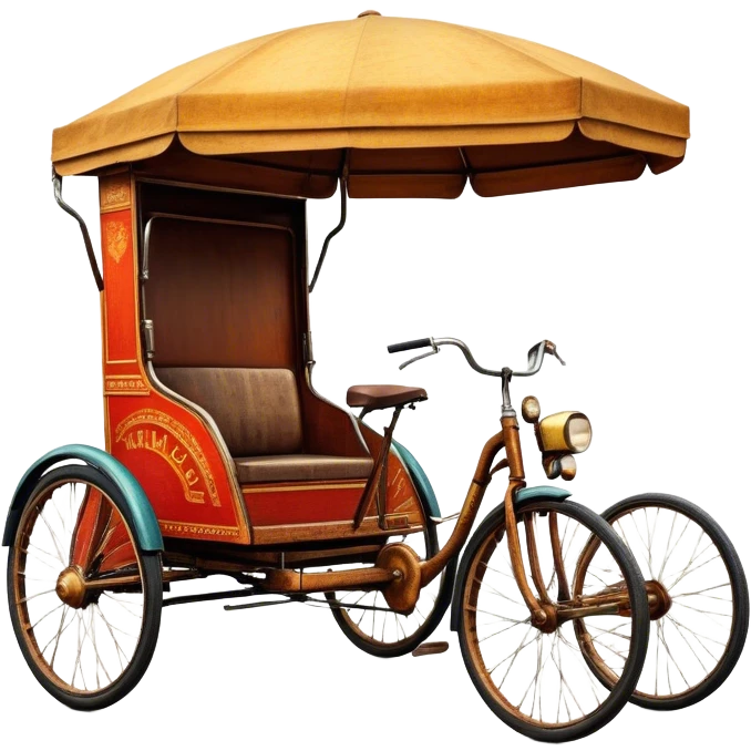 ​Cinematic Realistic Tricycle Rickshaw, depicted as a vintage manually operated vehicle featuring two front wheels and a single rear wheel, rendered with detailed rustic textures, vibrant colors, and dynamic urban lighting that captures its unique design and cultural charm, emoji