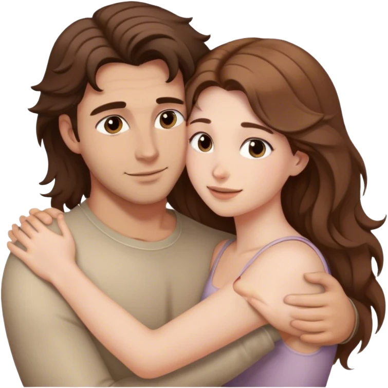 Brunette woman hugging a Caucasian man with light brown flowy hair emoji