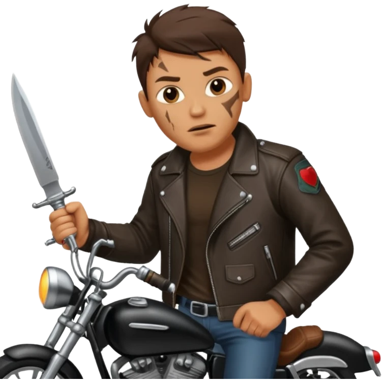 یکموتور سوار باصورت زخمی که چاقو دستش هست موتوری هم مردباشه emoji