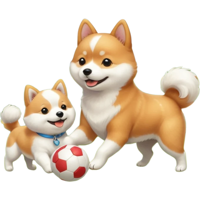2 dogs, a ginger shiba inu and a small white dog breed coton de tulear, playing with a ball in a sunny garden emoji