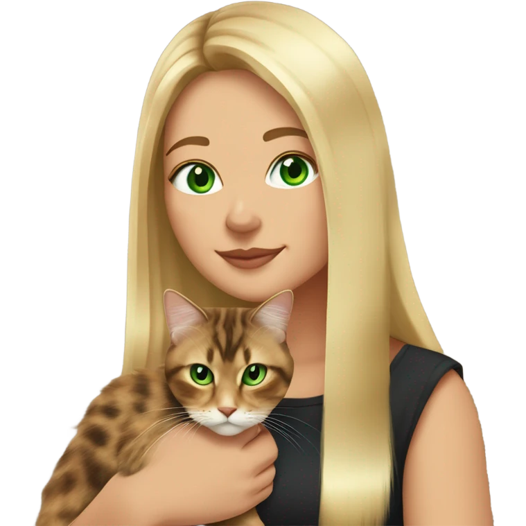 woman with green eyes and long straight blonde hair and big boobs is holding a very fluffy and fat tortoiseshell cat emoji
