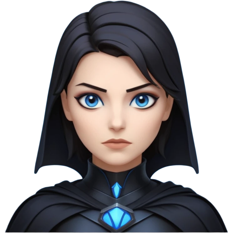 dark sci-fi villain female portrait, head and shoulders only, black armor, cape collar, intense eyes, sharp confident expression, subtle futuristic makeup, dramatic lighting, 3D cartoon, mobile game icon style, clean background, no text, no watermark
 emoji