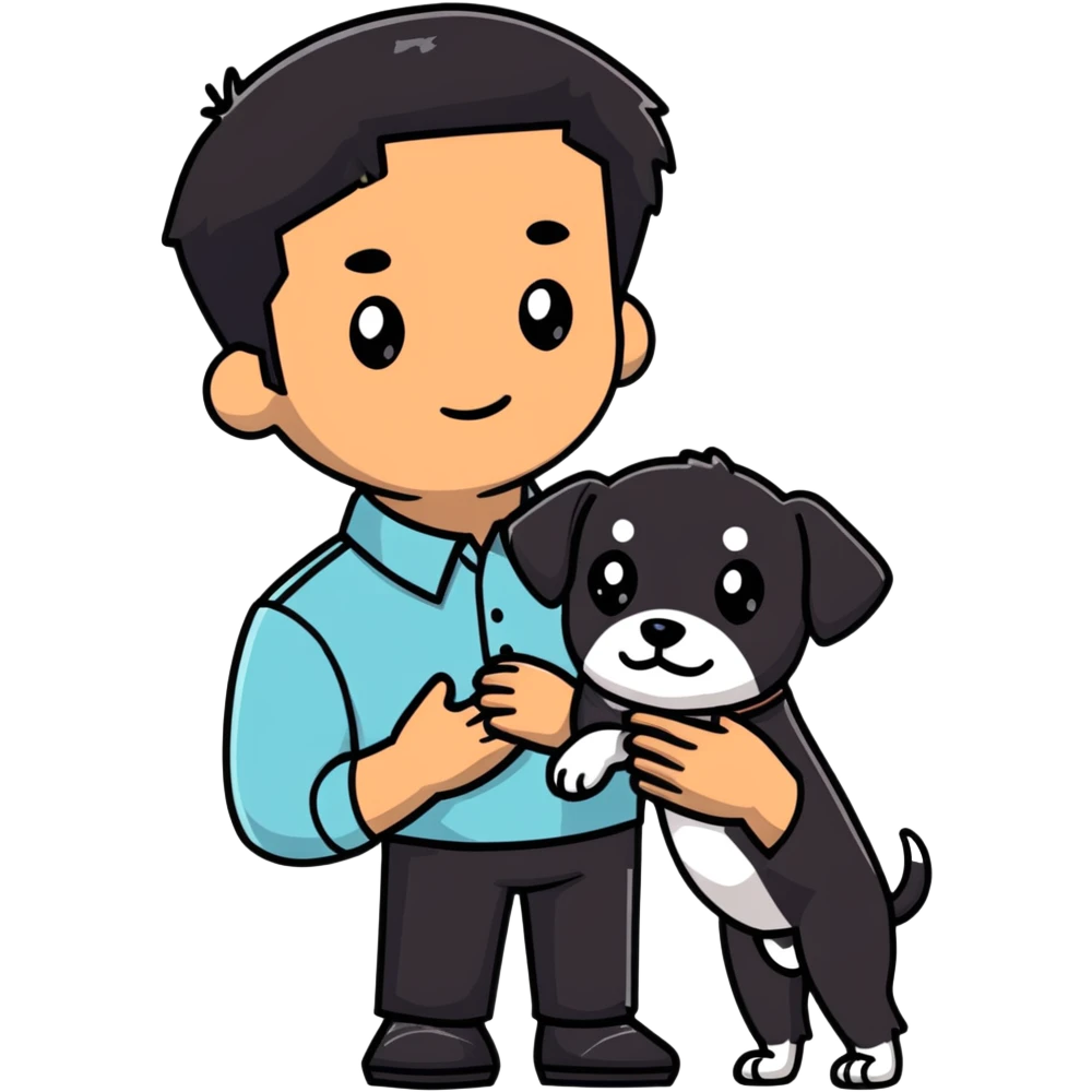 Mexican man with black hair and brown eyes wearing a shirt and black pants, holding a small white dog with one brown ear emoji