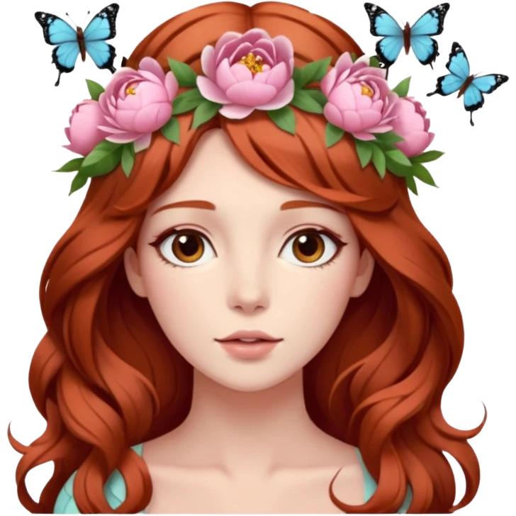 Woman with long flowing auburn hair wearing a pastel flower crown with big peonies and roses and butterflies in it emoji