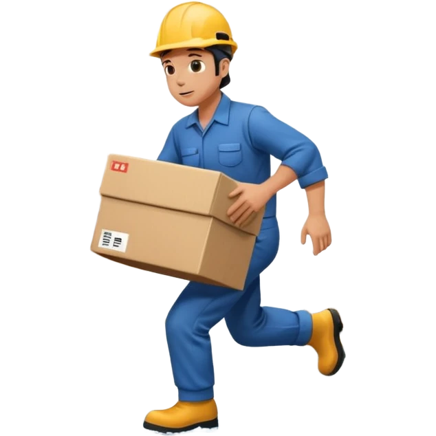 Animación educativa sobre un accidente laboral en un entorno industrial. Un trabajador de fábrica, con casco pero sin otros elementos de protección personal, resbala en un piso mojado y cae al suelo mientras transporta una caja. emoji