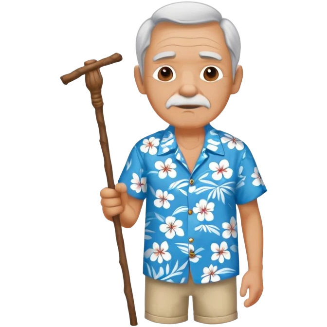 old man with hawai blue floweral shirt  full body with stick emoji