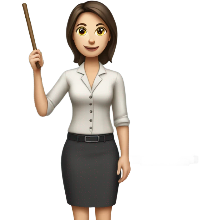 apple style emoji: brunette white woman as a teacher, with a stick in the hand and a whiteboard emoji