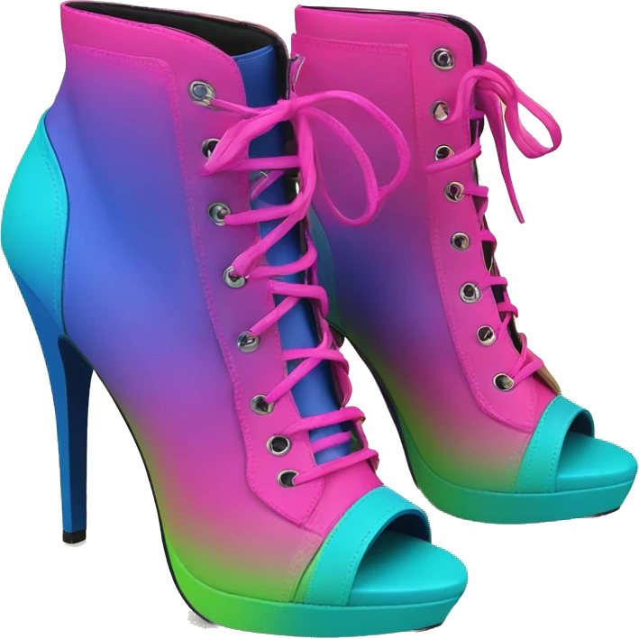 Realistic isolated top front view pair of lime green,hot pink,blue and green ombre high heel ankle bootie boots.  emoji