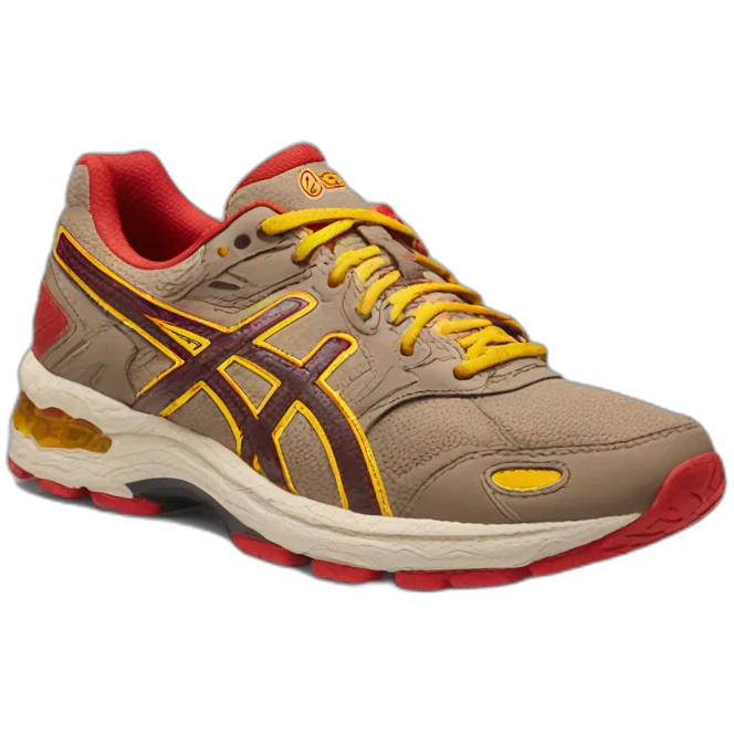 light brown asics gel nyc with small yellow and red accents emoji