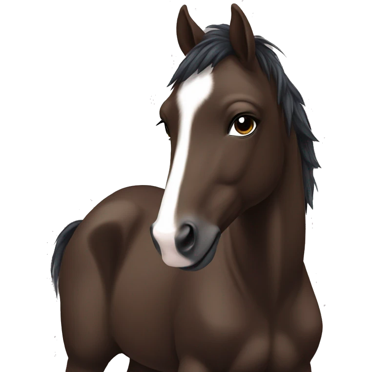 Dark brown foal with dark brown mane and small white marking on forehead emoji