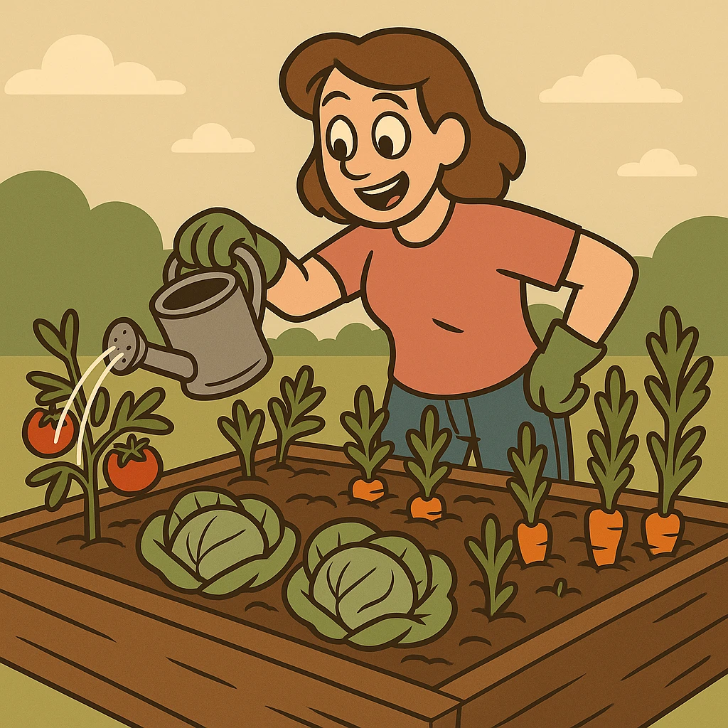 Change the woman's outfit to a t-shirt, jeans, and gardening gloves in a flat toon style. emoji