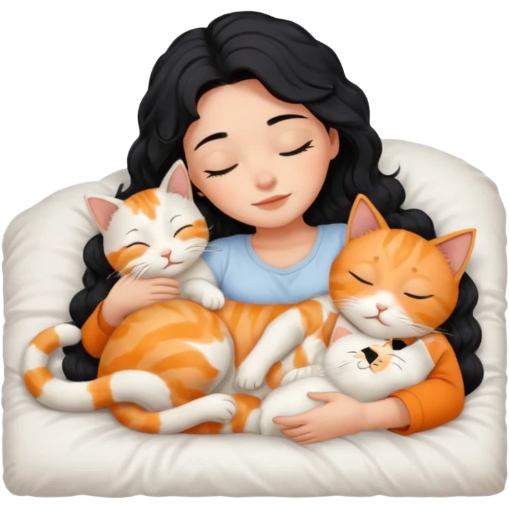 angelic sleeping black wavey hair girl in the bed with her cats emoji
