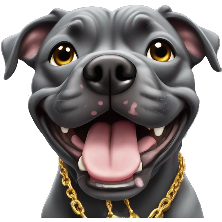 dark gray american staffie dog doing a selfie and sticking toungur out very happy rich with gold chain emoji