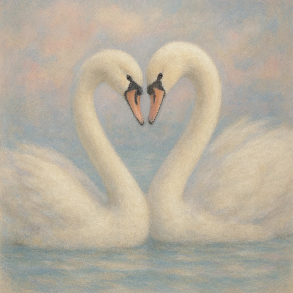 soft artistic style white swans creating a heart emoji