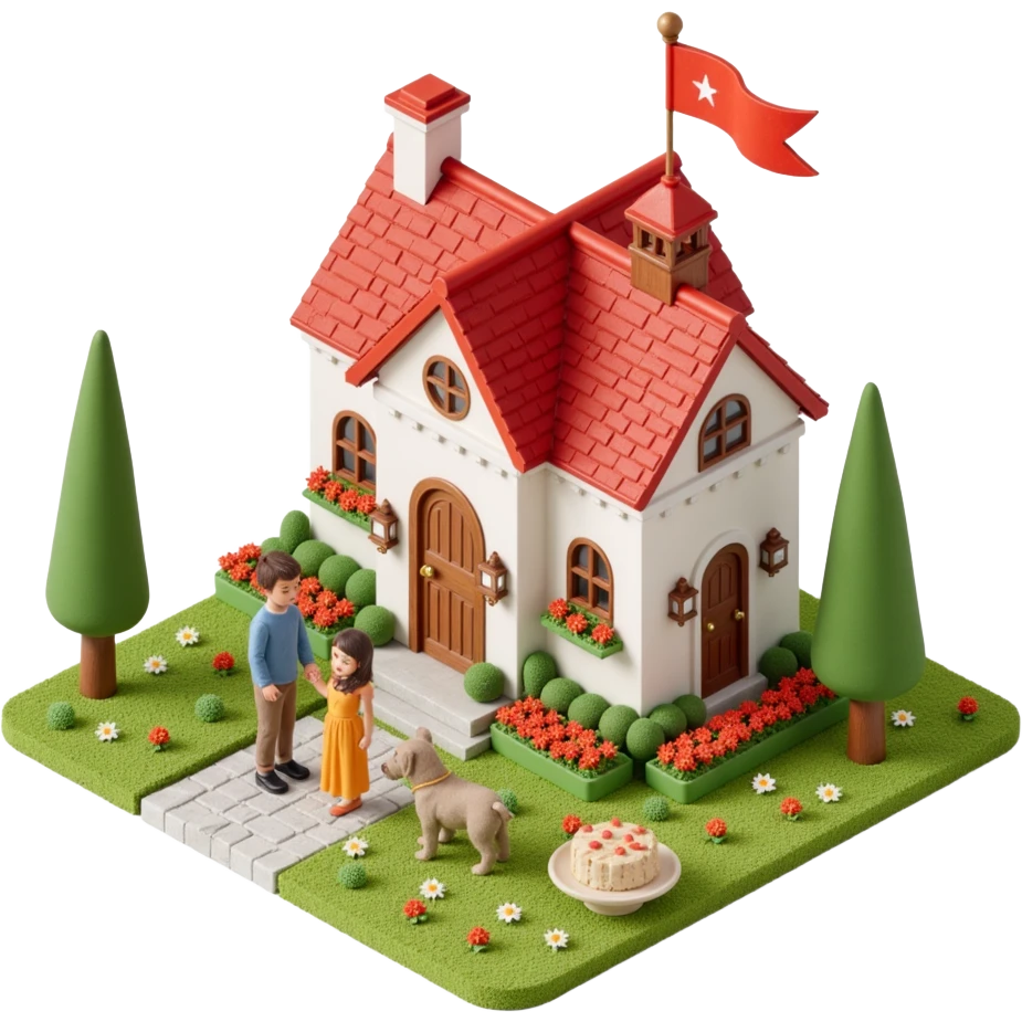 palace house with a family and pet, celebrations  emoji