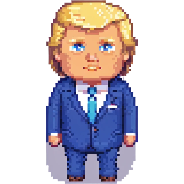 Donald Trump in pixel art style, recognizable blond hair and blue suit, simple facial features, no text emoji