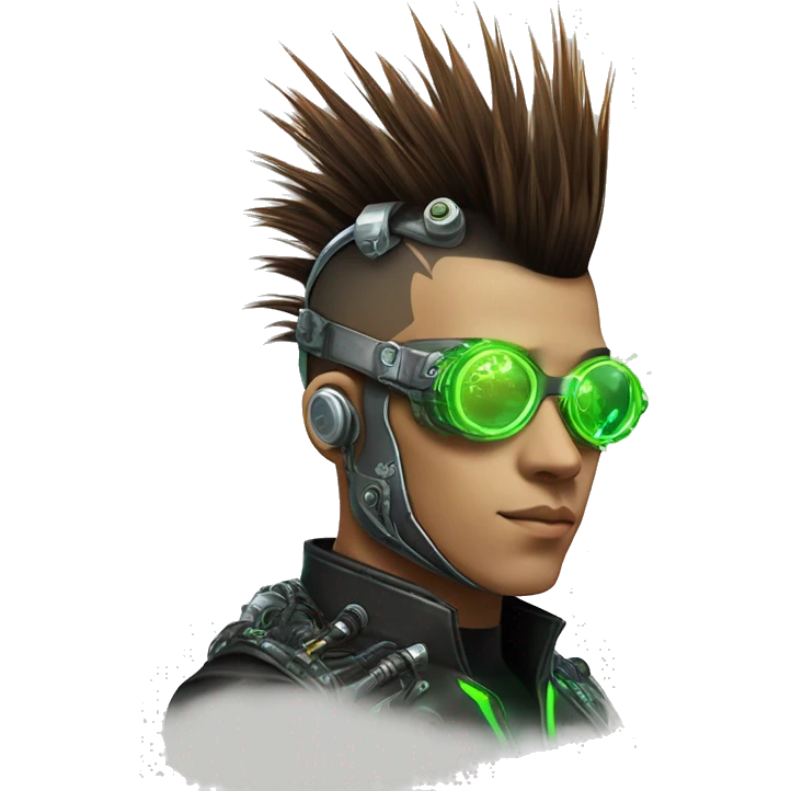 Mohawk hair with neon green highlights Asian male cyborg head with neon silver steampunk goggles and circuits emoji