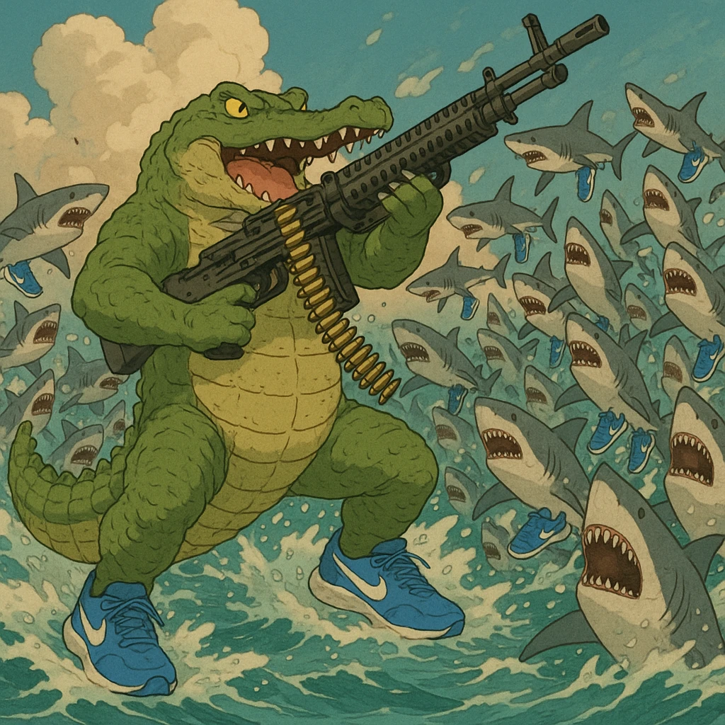 1 crocodile take m60 vs 20,000 shark They wear shoes Nike blue and crocodile killing all sharks  shoes Nike blue and crocodile wins emoji