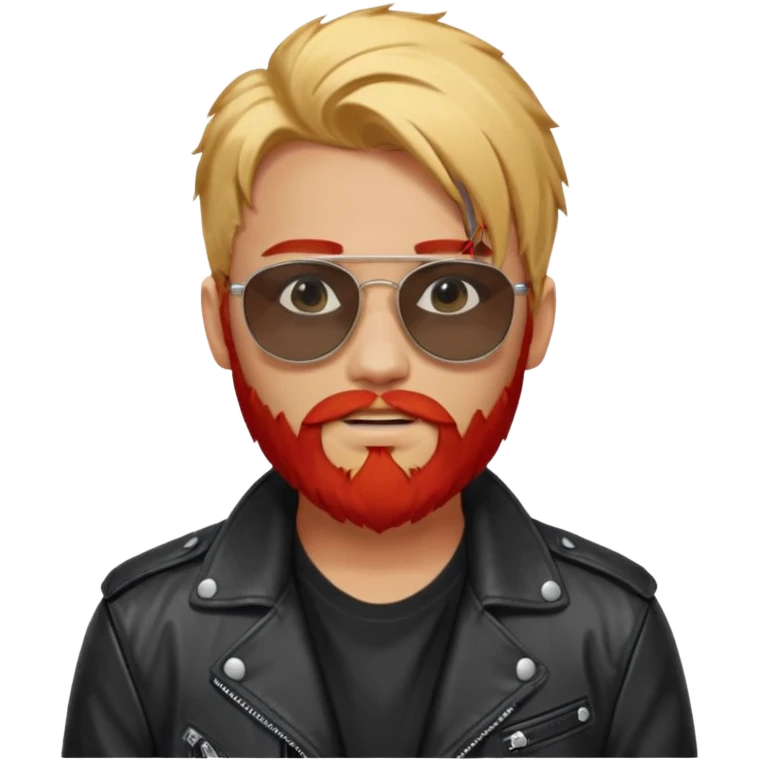 generate an ios genmoji of a 20 year old tan boy with black sunglasse Wearing a leather jacket. Has a dyed blonde beard and veryyyyy long red emoji