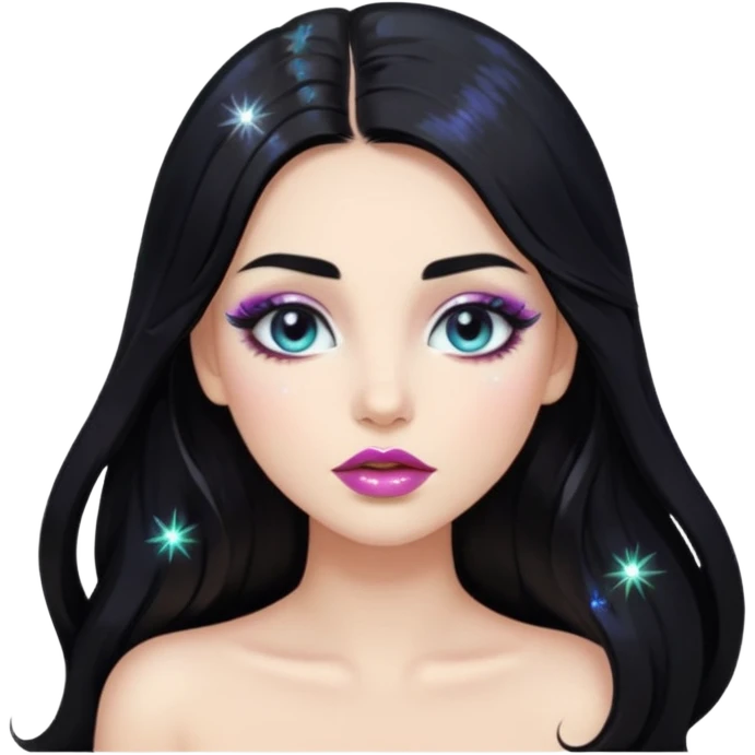 douyin long black hair glossy lips glittery iridescent white eyeshadow girl emoji
