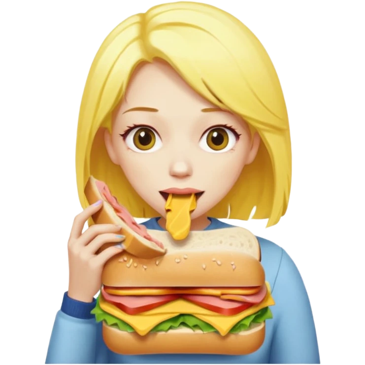 A woman with yellow hair and yellow skin eating a HUGE sandwich emoji