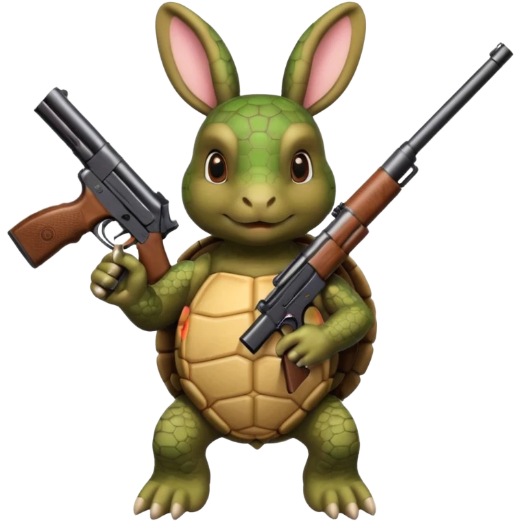 Turtle with a rabbit on its back that has a gun emoji