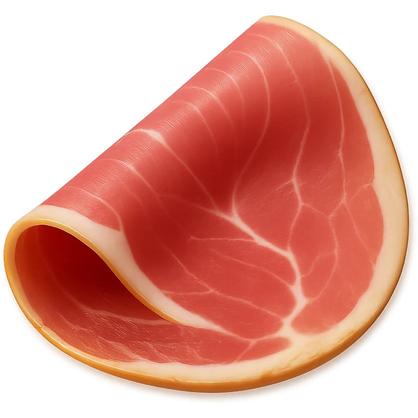 Show only one thin, delicately folded slice of dry-cured ham (jambon cru) with deep pink to reddish hue and visible streaks of white fat. Texture should be silky, slightly translucent, and marbled, with a natural fold or curl. Fat should look creamy and well integrated. Clean 3D style, soft lighting, transparent background, emoji scale. emoji