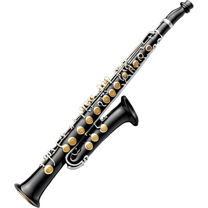 Create a sleek and professional emoji representing a black standard clarinet. The design should feature a smooth, glossy black body of the clarinet with shiny, silver keys clearly visible. Highlight the intricate details of the mouthpiece and reed at the top, while the body of the instrument should remain simple and elegant. Add subtle musical notes or soundwaves floating around the instrument to symbolize its clear, melodic sound. Use black for the body, silver for the keys, and soft lighting effects to give the instrument a polished, sophisticated look. The background should be transparent. emoji