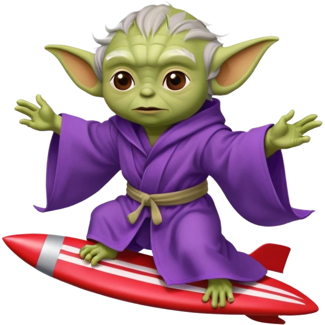 yoda in a purple robe flying in a rocket like surfing emoji