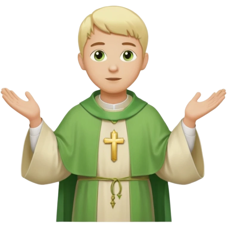 a priest, green eyes, blonde hair, light green chasuble. opening arms, gazing thoughtfully. Soft light, subtle fern. Waist-up, profile. emoji
